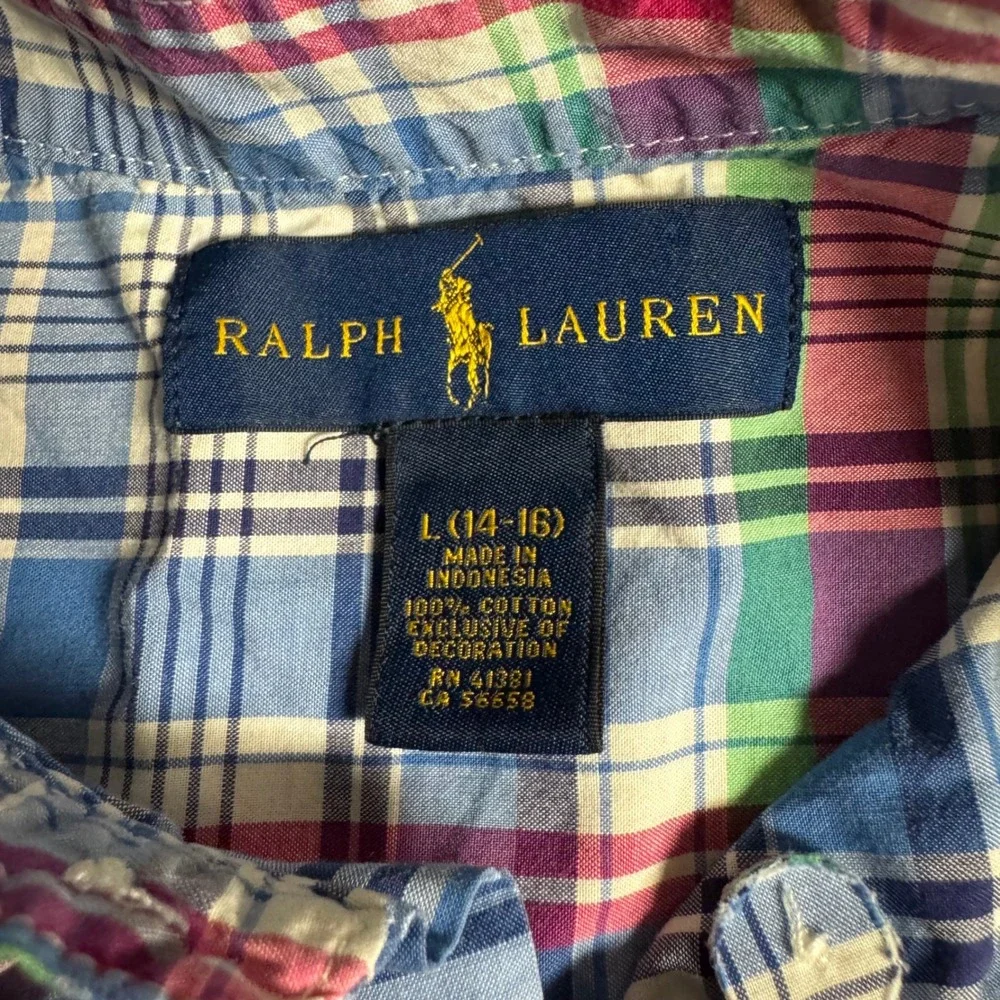 Ralph Lauren Boys‎ Blue Plaid Short Sleeve Button Down Shirt Size L 14-16 Cotton